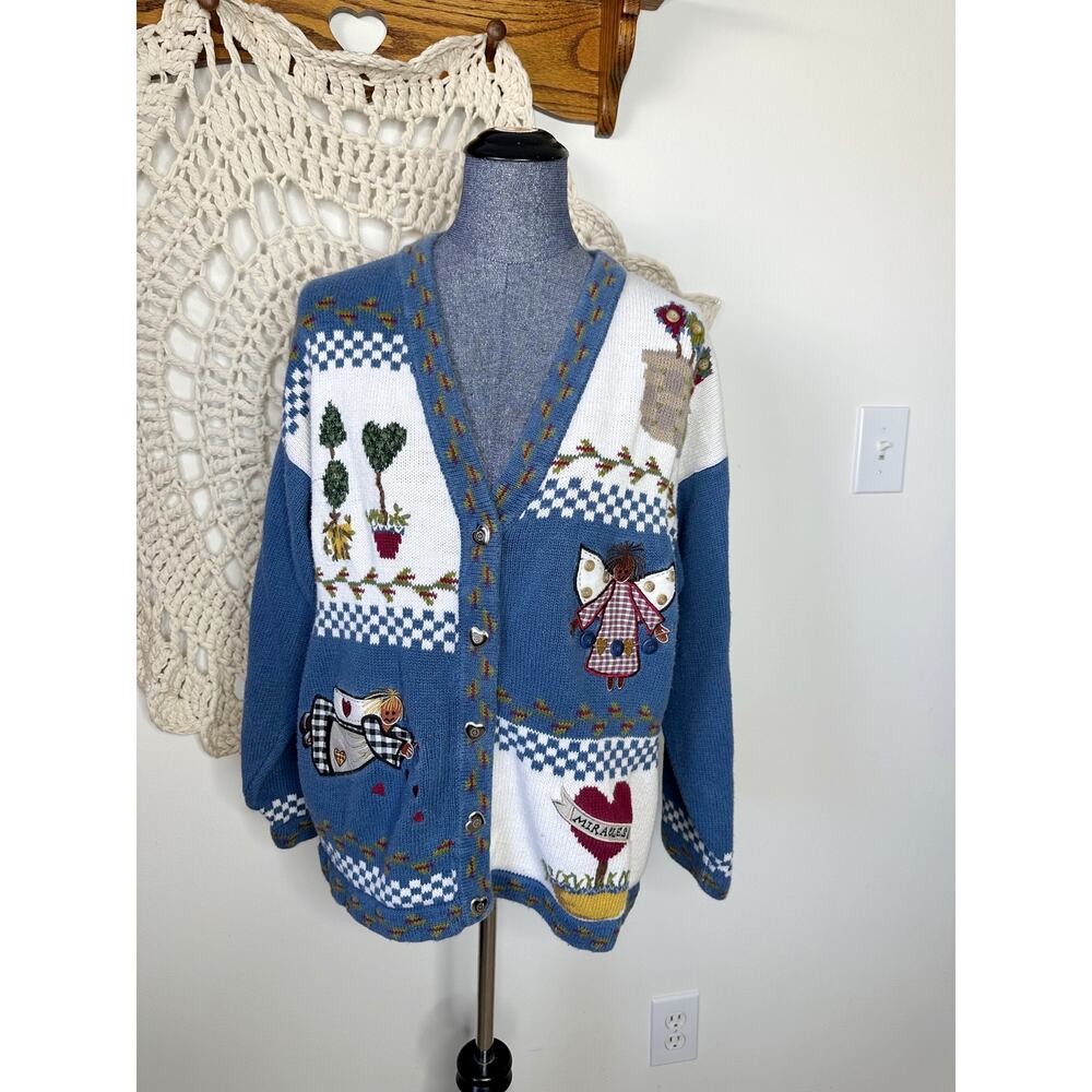 Quaker Factory Vintage 90s Cottage Grandmacore Novelty Knit Cardigan Large